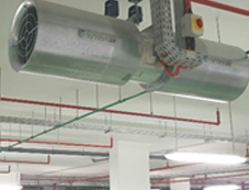 Jet fan at underground parking area. Ventilation fan in the parking lot.  Air flow system. Ventilation system in underground car parking lot at  commercial building. Duct fan air ventilation at mall. 22736133