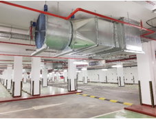 Jet fan at underground parking area. Ventilation fan in the parking lot.  Air flow system. Ventilation system in underground car parking lot at  commercial building. Duct fan air ventilation at mall. 22736133